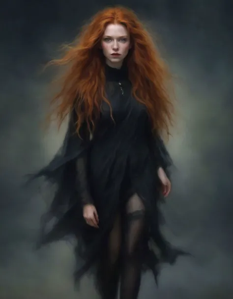 a painting of a woman with long red hair walking in a dark room