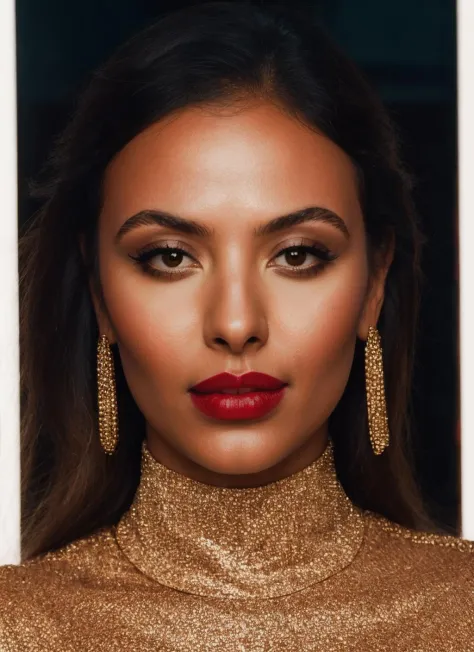 portrait of woman, MayaJama, glossy red lips, ((solo)), looking at viewer, highly detailed, film grain, cinematic lighting, glam...