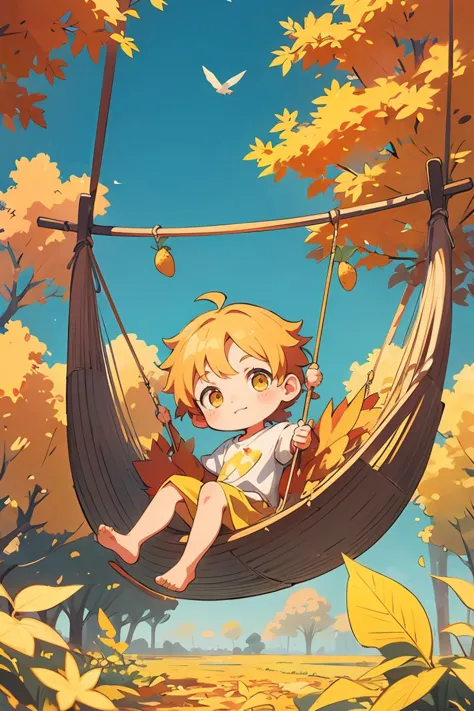 (chibi:1.2),Draw a boy swinging in a hammock,Birds nearby,Praise Artstyle,Lofi art,animeaesthetic,autumnal,Sunnyday,On a sunny d...