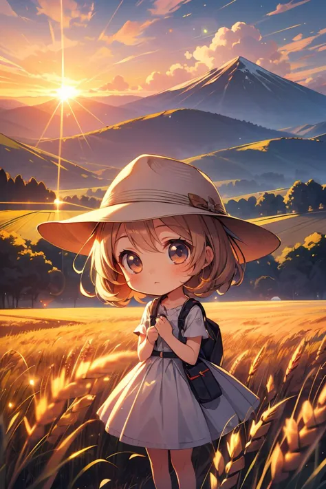 masterpiece,best quality,landscape,1girl,hat,wheat,farm,sunset,lens flare,mountain,clouds,<lora:more_details:0.3>,<lora:GoodHand...