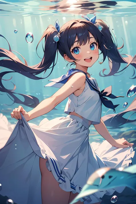 1girl,solo,dress,smile,long hair,bangs,bare arms,ribbon,teeth,bare shoulders,skirt hold,frills,water,blush,frilled dress,blue sa...