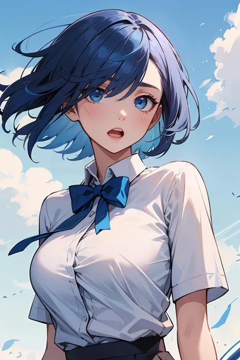 masterpiece, best quality, solo, petite, short hair, blue hair, straight hair, blue eyes, white shirt, open mouth, bowtie, large...