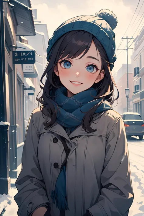 a young woman, kpop idol,age 20, wearing winter clothing with a warm scarf and a cozy hat, smiling gently, upper body framing, o...