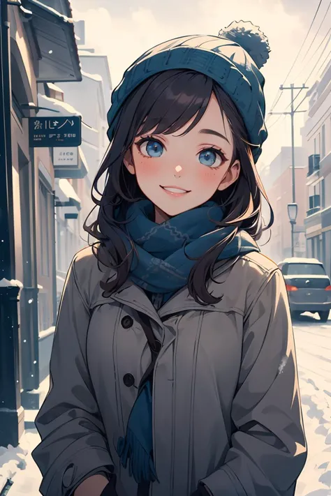 a young woman, kpop idol,age 20, wearing winter clothing with a warm scarf and a cozy hat, smiling gently, upper body framing, on a snowy street in Madrid under the soft diffused lighting of a cloudy winter day,  in the style of Alberto Seveso., (masterpiece, best quality, hires, high resolution:1.2, 8k , high quality), extremely detailed,  intricate details, highres ,