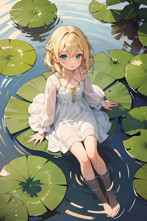 1girl,child, chest,fairy,blonde hair,medium hair,french braid,white dress,from above,upturned eyes,sitting on a lotus leaf,lotus...