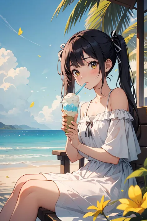 rating:safe, petals, flower, 1girl, white dress, shaved ice, solo, looking at viewer, sitting, drinking straw, bare shoulders, l...
