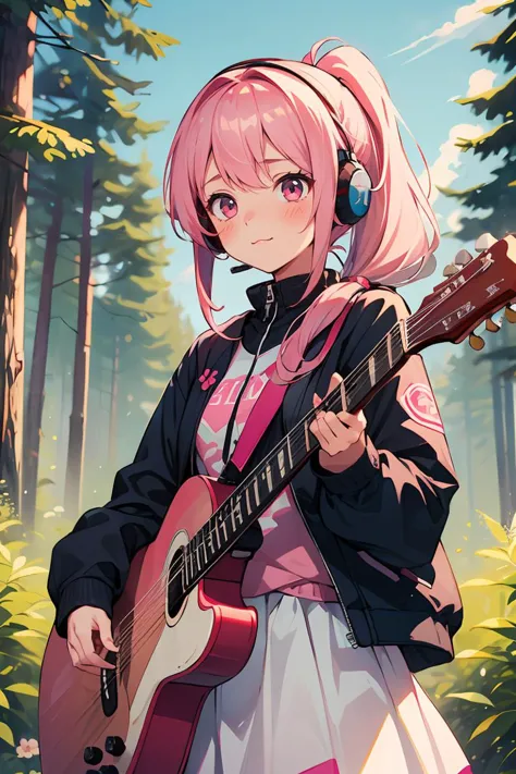 masterpiece,best quality,1  girl very cute with pink hair and blushed,flower,outdoors,playing guitar,music,holding guitar,jacket...