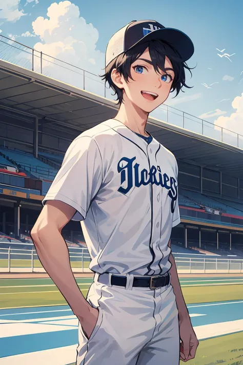 masterpiece,best quality,1male,male focus,solo,belt,blue eyes,hat,open mouth,smile,sportswear,baseball cap,white pants,pants,baseball uniform,short hair,sky,shirt,Racetrack background ,looking at viewer,black hair,blue sky,blue headwear,day,black belt,short sleeves,outdoors,standing,:d,white shirt,cowboy shot,teeth,