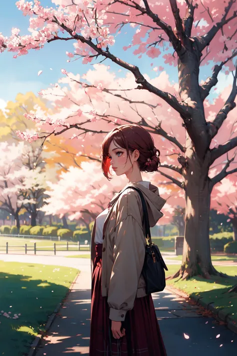 illustration, girl, autumn, leaves, park, stunning environment, cherry blossom trees, (highres, highly detailed:1.2), cinematic ...