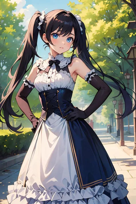 masterpiece, best quality, long hair, twintails, black hair, blue eyes, frilled dress, elbow gloves, outdoors, hand on hip,