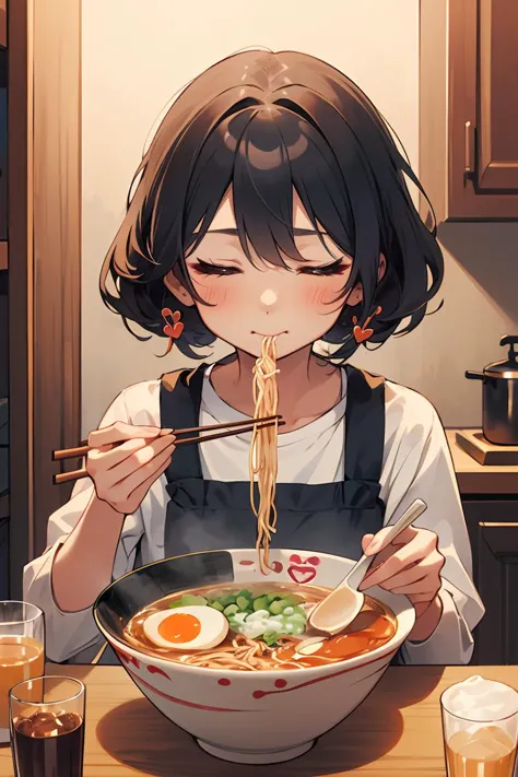 (masterpiece, best quality), 1girl, solo, cute face, kawaii, ramen, chopsticks, drinking glass, eating, heart, happy, closed eyes, closed mouth, kitchen, 