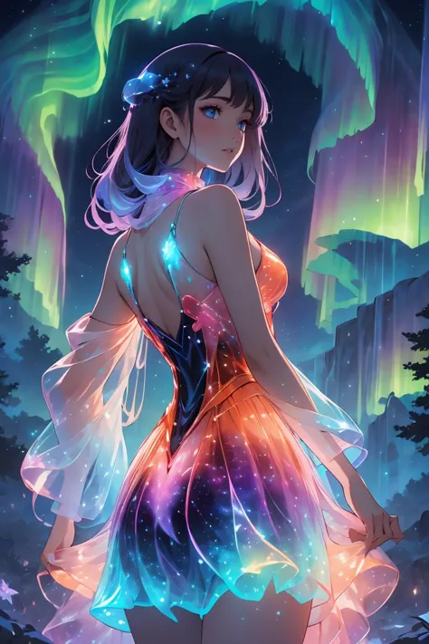 breathtaking 8k, masterpiece, solo sexy woman, (rainbow gradient bioluminescent dress),  (starry night background), nebula, auro...