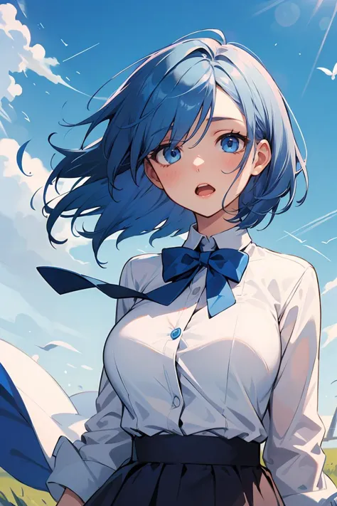 masterpiece, best quality, solo, petite, short hair, blue hair, straight hair, blue eyes, white shirt, open mouth, bowtie, large...