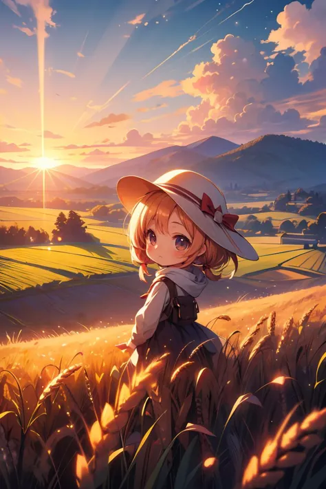 masterpiece,best quality,landscape,1girl,hat,wheat,farm,sunset,lens flare,mountain,clouds,(chibi:1.2),