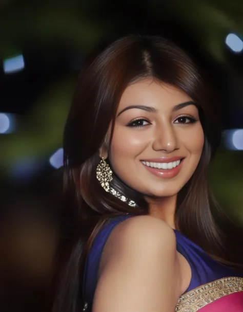 hires portrait photo of Ayesha Takia woman, outdoors, realistic skin texture, smiling, colorful dress, looking looking at viewer, high collar dress, smiling, night time, beautiful bokeh  