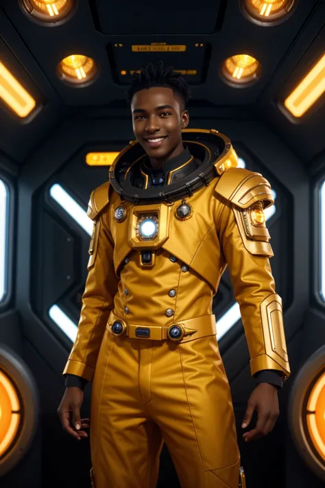 glowwave scene in a steampunk sci-fi world, [somali, dark skin:nuer, dark skin:0.33] young male man, tall, yellow orange formal ...