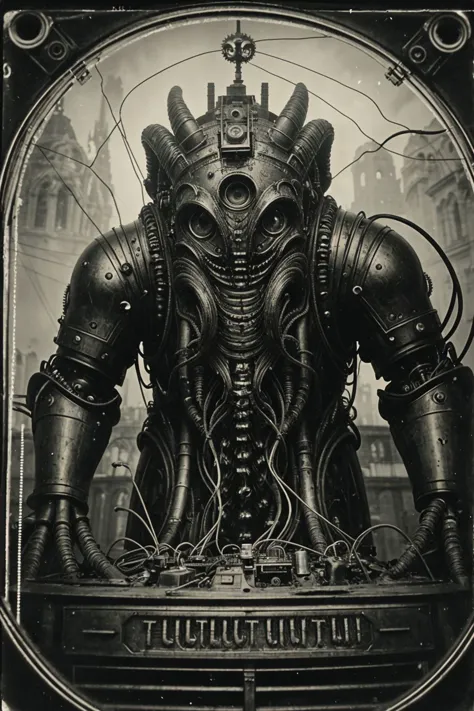 1940s antique scene, (a monster in the center of the image:1.2), 1monster, (electronic cthulhu, cyborg with mechanical wires:1.2...