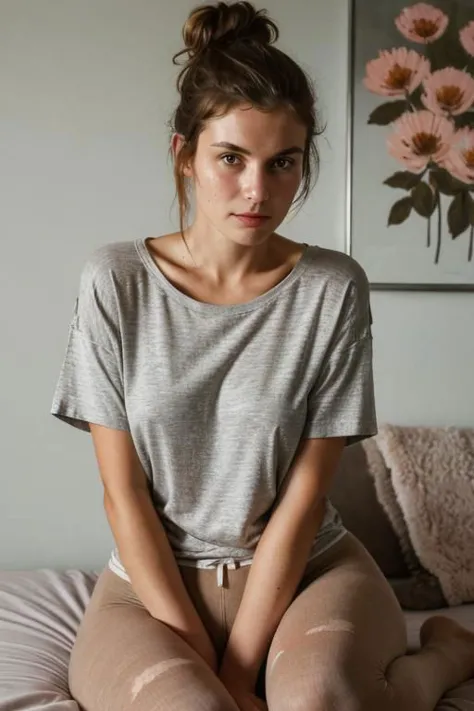 (High detail RAW Photo), a brunette woman sits in corner of her bedroom, Messy Hairbun, Freckles, no bra, wearing comfy Striped ...
