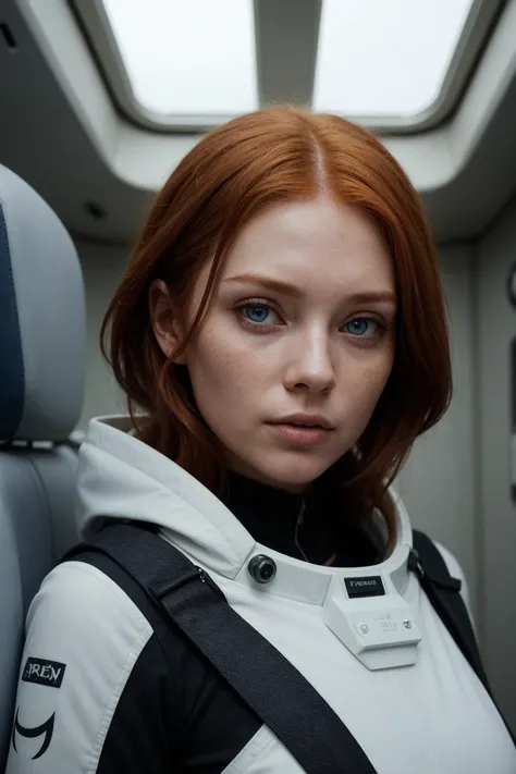 photo of a ginger woman, in space, futuristic space suit, (freckles:0.8) cute face, sci-fi, dystopian, detailed eyes, blue eyes