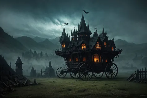 wicked scene in a spooky fantasy world, (spooky wicked chariot in the center of the image:1.2), detailed spooky wicked backgroun...