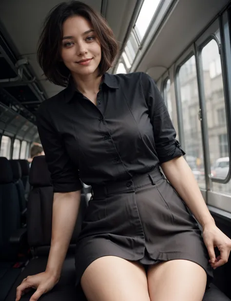 beautiful filmg girl thighs, pretty face, upskirt angle view, black stokings, asymmetric a-line haircut, narrow waist, working as bussiness woman, perfect fingers, 