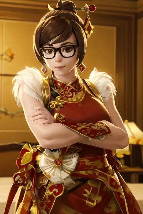 mei, meiluna, seductive pose, crossed arms, fancy restoraunt, dress, hair bun, hair stick, glasses, candleights, best quality