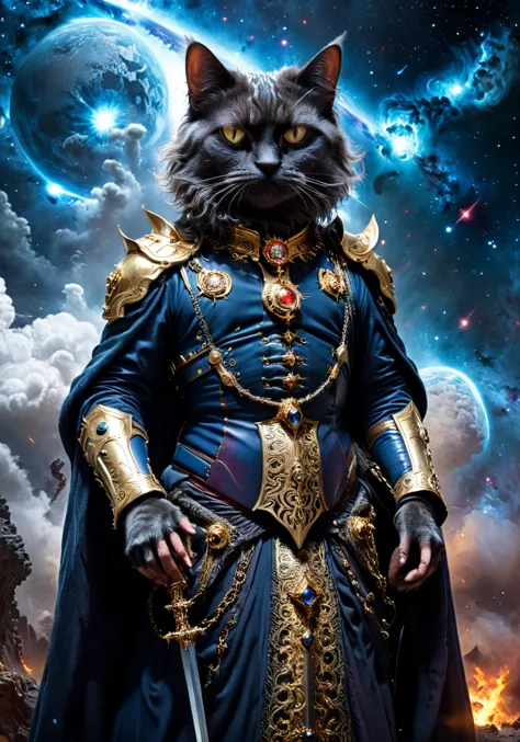 a close up of a cat dressed in a costume with a sword