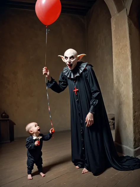 arafed man in a black robe holding a red balloon and a small child in a black dress