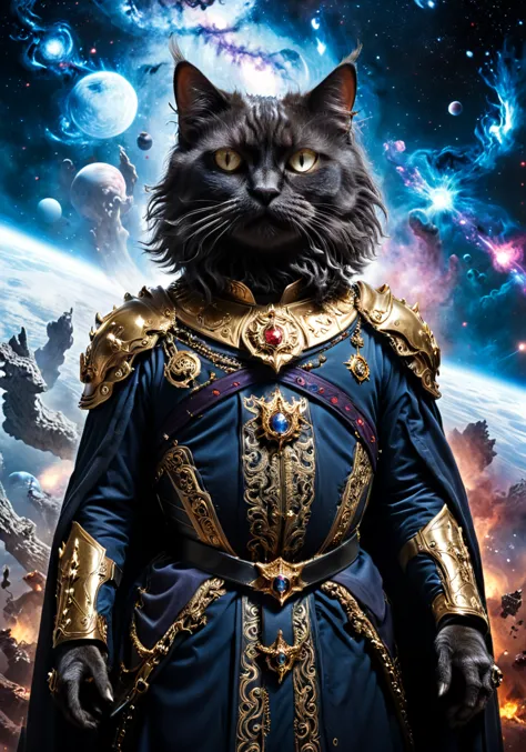 a close up of a cat in a costume with a space background