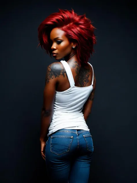 photo of an ebony woman with red hair, (black tattoo on the top of the shoulder:1.1), (wearing ragged blue jeans:1.1), (white to...