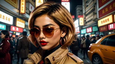 Farbfoto, 1 Mädchen, Porträt, Oberkörper, PriBlle kurzes gewelltes blondes Haar, hellbrauner Trenchcoat, Sonnenbrille, roter Lippenstift, Ohrringe,
Hongkong, Nacht, extrem überfüllt,
8k, uhd, sehr detailliert, Meisterwerk, aufgenommen von Christopher Doyle mit Canon AE-1, Fujifilm Fujicolor 200, Hommage an Chungking Express, Drittelregel, 
 , traurig, getrennt
