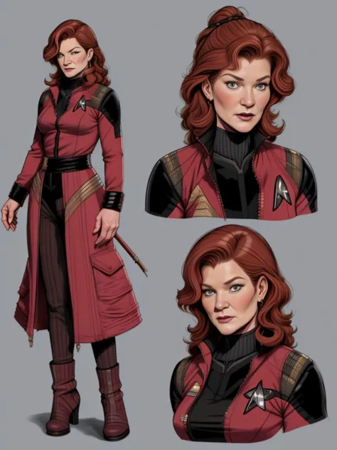 Kate Mulgrew als Captain Kathryn Janeway, Star Trek: Reise, 
 (Charakterblatt:1), (Mehrere Ansichten, Ganzkörper, Oberkörper, Referenzblatt:1), perfektes Gesicht,