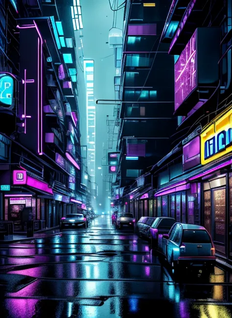 a city street with neon signs and cars on it