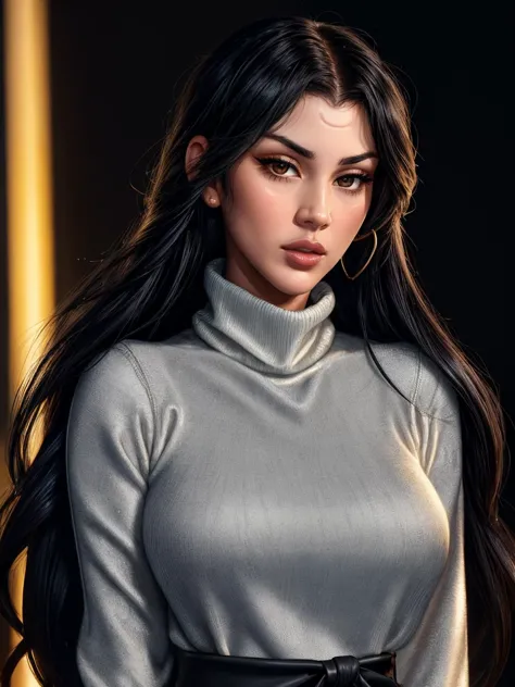 (closeup:1.1), quesat, a photo of an extremely sexy woman with long flowing hair, (white turtleneck jumper:1.2), HDR, 8K, intere...
