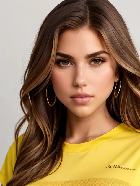 RAW photo, [karadtoro-650:10], closeup headshot of gorgeous brunette wearing a yellow t-shirt,  <lora:epiCRealismHelper:0.6>