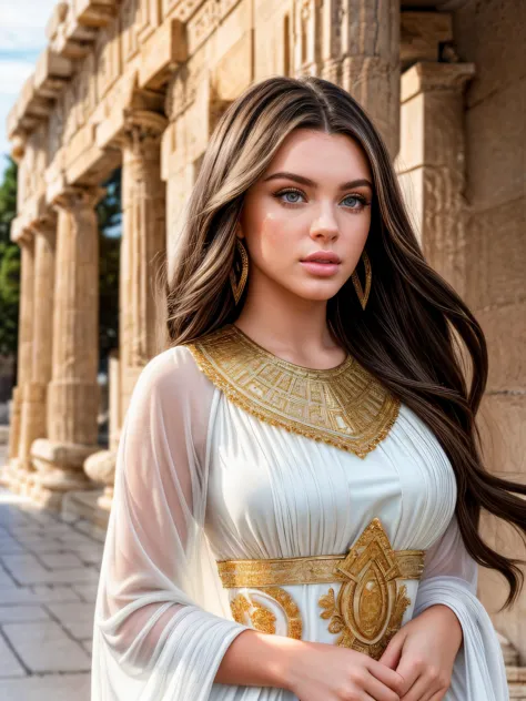 closeup headshot of gorgeous  brunette larho in an ancient greek city wearing a white dress with intricate gold details, long fl...