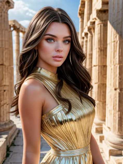 closeup headshot of gorgeous  brunette larho in an ancient greek city wearing a white dress with intricate gold details, long flowing hair, 