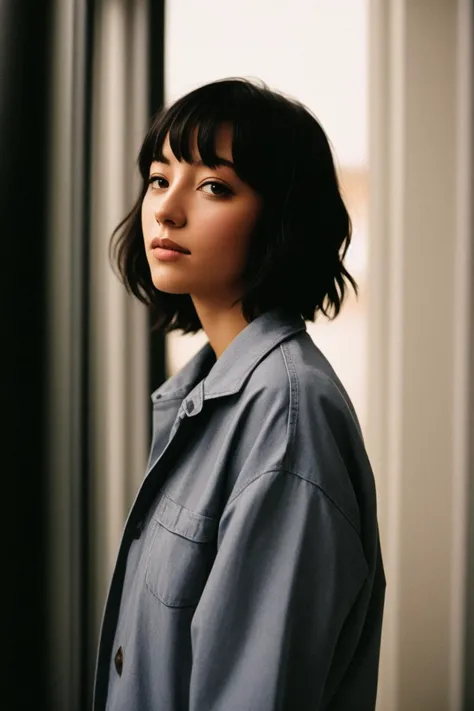 Photographie en 35 mm d&#39;un jeune homme de 22 ans.ô femme, [Shelley Duvall|Meg Ryan],((portrait tête et épaules)),Portrait de personnage,plan rapproché,en studio,portant une combinaison grise,cheveux noirs très courts