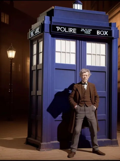 John Hurt est le docteur, posant avec le TARDIS dans les années 1920 à Londres,   dans un épisode de Doctor Who réalisé par bong joon-ho