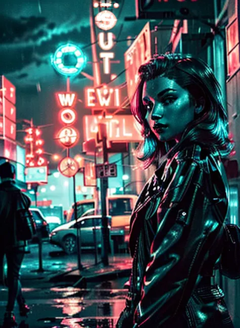 hardboiled-detective <lora:NeonNoir-000002:1> NeonNoir Neon-noir Cyberpunk dark rainy-streets neon-signs high-contrast low-light vibrant highly-detailed