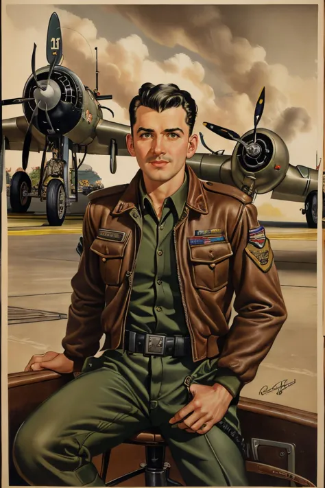 extremely detailed postcard or poster artwork, 1940s, a man as bomber pilot in world war 2, brown leather jacket, hangar in the ...