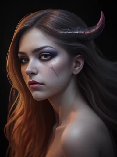 photo RAW, full color portrait, A beautiful female Demon in her natural habitat, masterpiece, award winning photography, lighting, perfect composition, high detail, hyper realistic, even natural lighting, epic, pretty makeup, flowing hair,