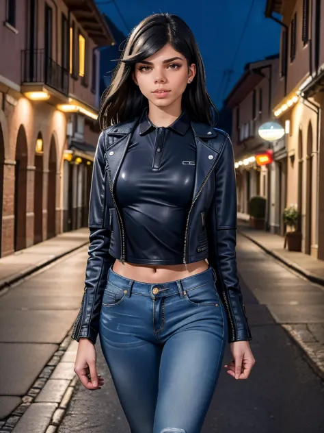 RAW photo of the gorgeous ginaval, (wearing leather jacket, polo shirt and jeans:1.2), long flowing hair, walking down an italia...