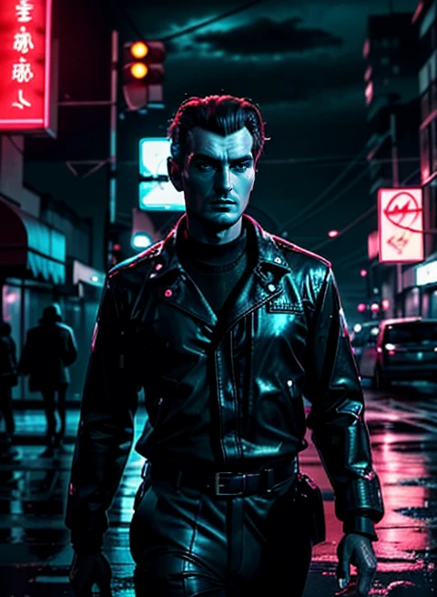 PhilipCipher-ist-ein-Privatdetektiv NeonNoir Neon-Noir Cyberpunk dunkel verregnete Straßen Neonschilder hoher Kontrast schwaches Licht lebendig hochdetailliert Vierteldrehung 1/4-Körperpose mit Blick zum Betrachter