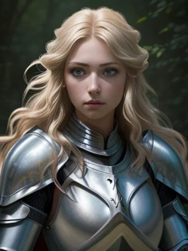 photo RAW, full color portrait, A beautiful female Knight in her natural habitat, masterpiece, award winning photography, lighting, perfect composition, high detail, hyper realistic, even natural lighting, epic, pretty makeup, flowing hair,