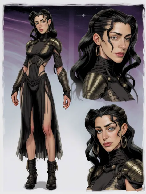 Claudia Black, Farscape Style, 
 (CharacterSheet:1), (multiple views, full body, upper body, headshot, reference sheet:1), perfect face,