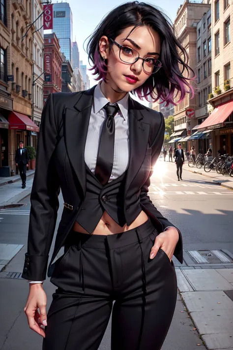 A photo of a young, nerdy woman. (looking at the viewer:1.4). ((short) dark hair:1.4), (slender), (dark lips:1.2), flirting with the camera. (dark glasses).  (detailed jewelry:1.2), makeup. smiling. (dyed hair, pink blue hair color:1.1). (well-dressed,black formal suit jacket, black tailored waistcoat, straight black business tie, tailored fit, crisp black shirt, smart black trousers:1.4). (morning sunlight,sunlit,city street,cityscape,urban setting).(confident, elegant, graceful, calm, sophisticated)