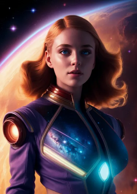 1girl, beautiful lighting, UHD, 8k, ultra detailed, a cinematic photograph of a gorgeous space cadet woman, retrofuturism, space, nebula,