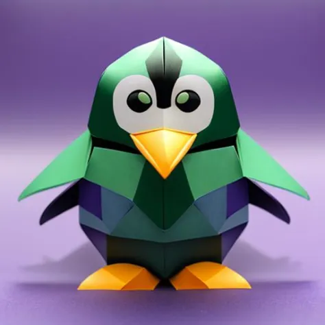 Kirigami representation of Facing viewer, portrait of a (single solo 1penguin \(linux mascot\):1.3), (single color background:1.3), square ratio, Melancholic, Galaxy Purple skin, Pale green, Retro Cyberpunk, (style of Toei Animation:1.3), penguin . 3D, paper folding, paper cutting, Japanese, intricate, symmetrical, precision, clean lines