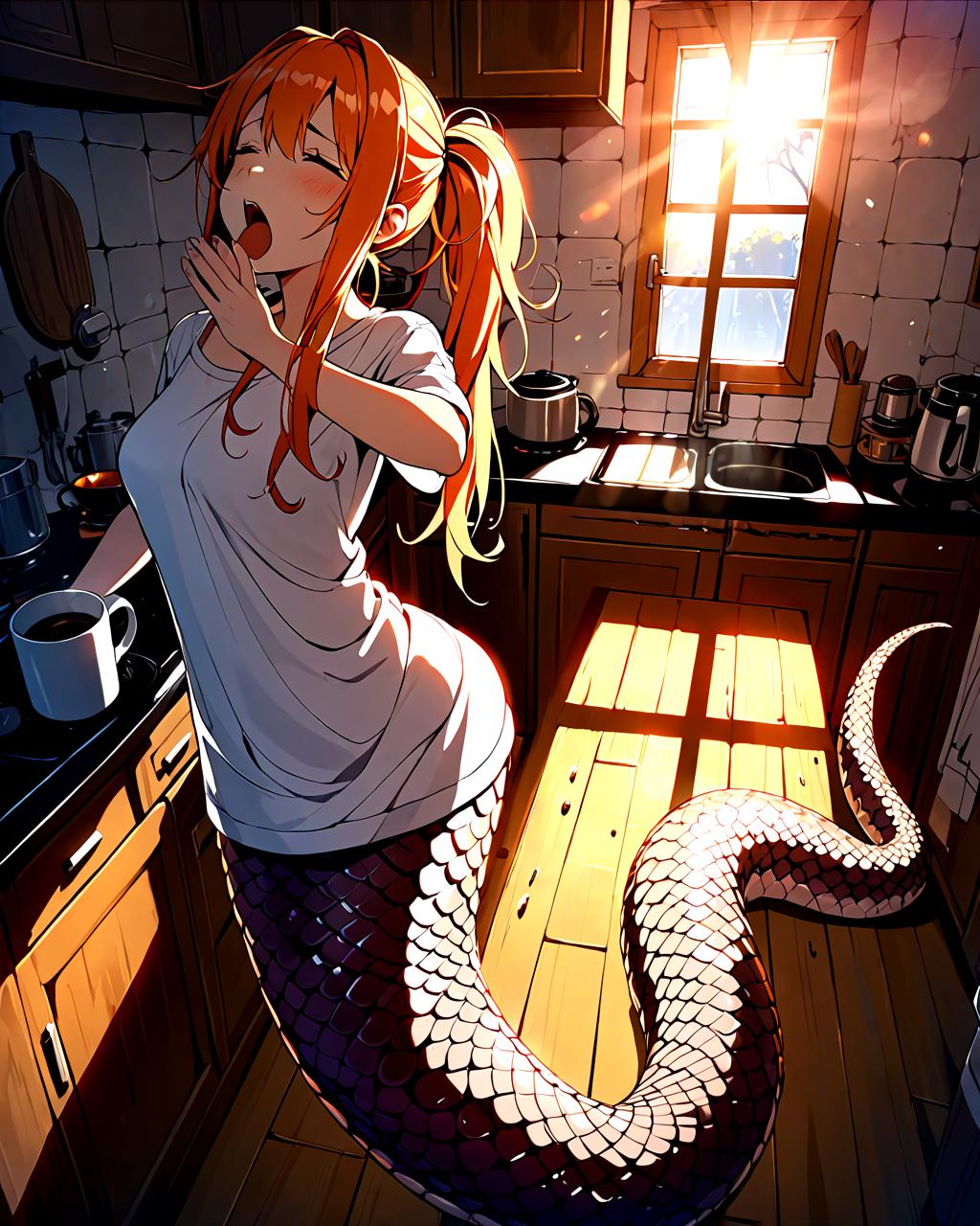 Anime girl in a kitchen with a snake tail - SeaArt AI